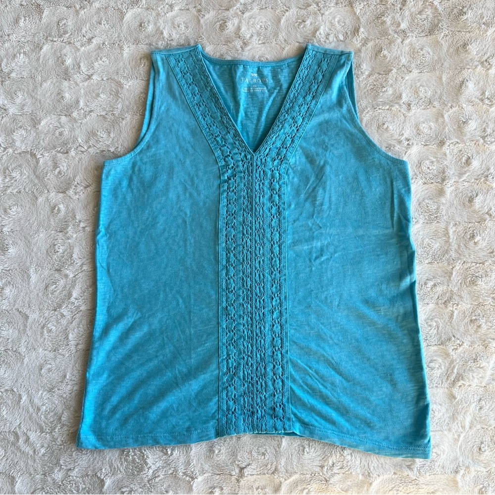 Talbots Tank Top Womens XS Aqua Blue 100% Cotton V Neck Embellished Lightweight
